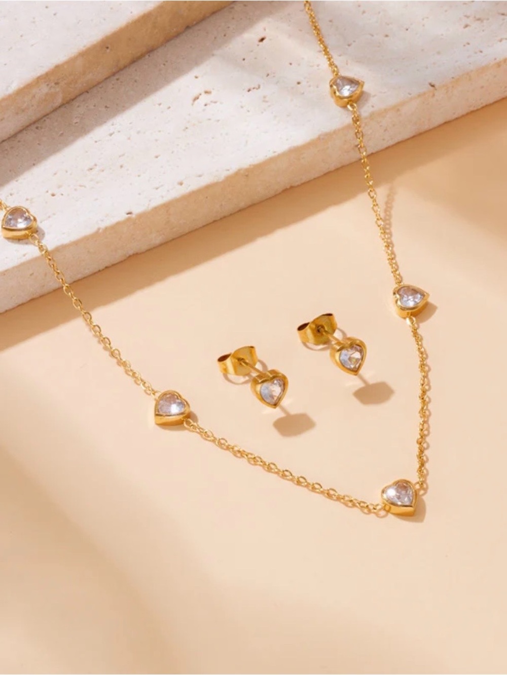 Gold Heart Crystal Necklace and Stud Earring Set
